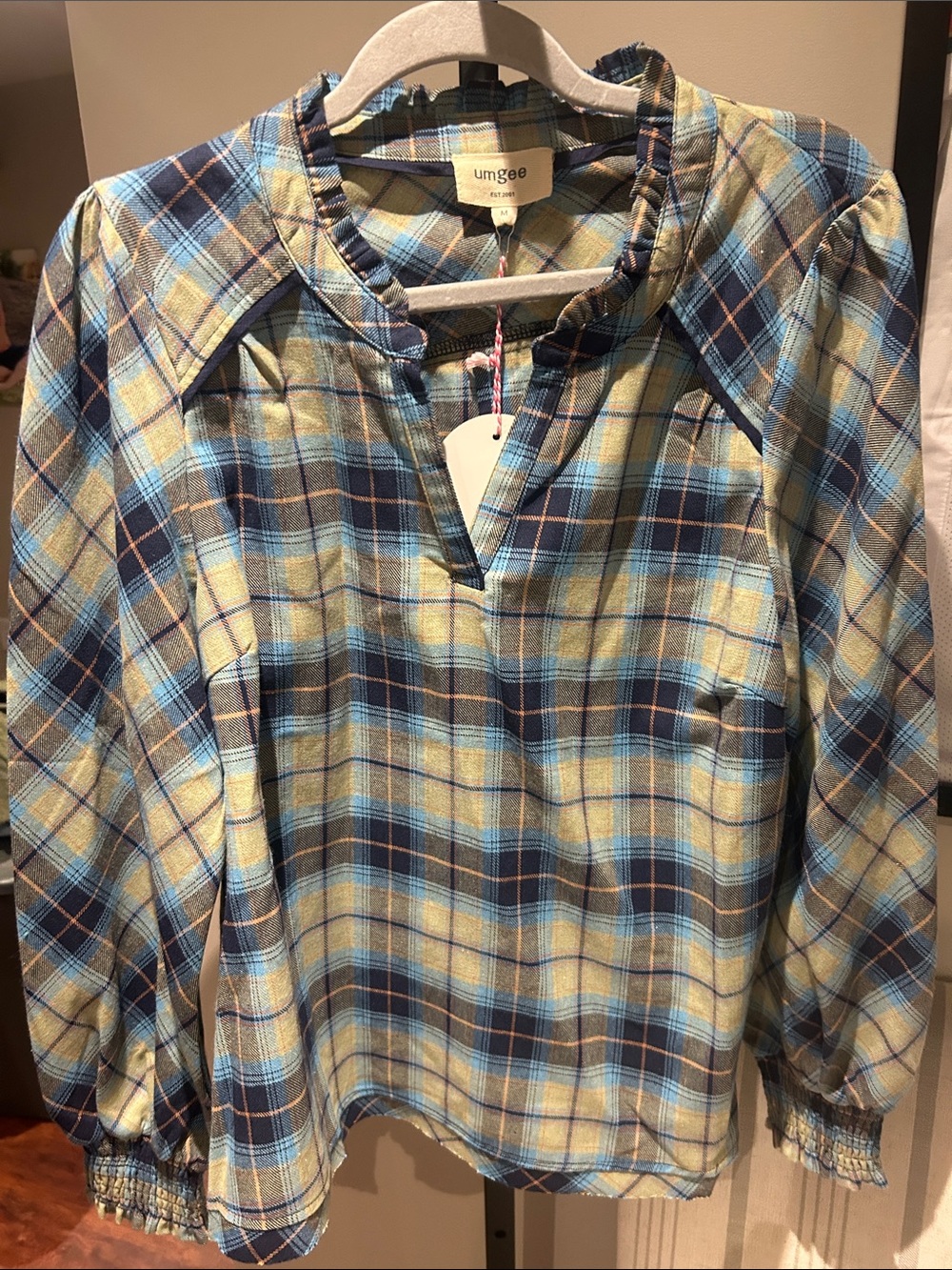 Umgee Blue and Yellow Plaid Peasant Top